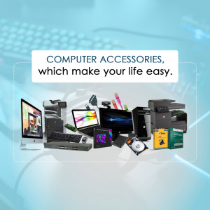 Assortment of computer accessories including laptops, printers, keyboards, and more.