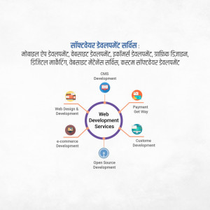 Infographic illustrating various web development services including web design, e-commerce, payment gateway, and custom development.