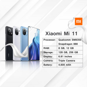 Xiaomi Mi 11 smartphone in multiple colors with specifications