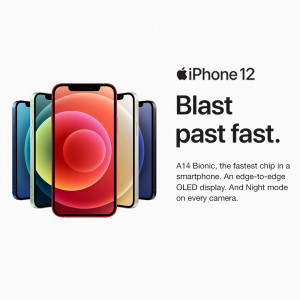 iPhone 12 in multiple colors with promotional text