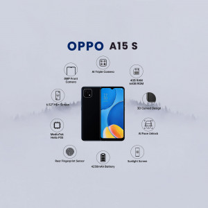 OPPO A15s smartphone with key features highlighted