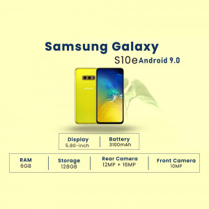 Image of a yellow Samsung Galaxy S10e smartphone with specifications.