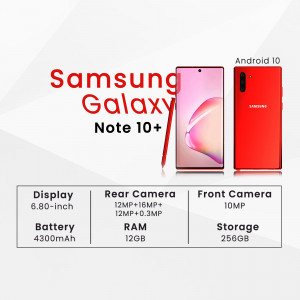 Red Samsung Galaxy Note 10+ smartphone with specifications