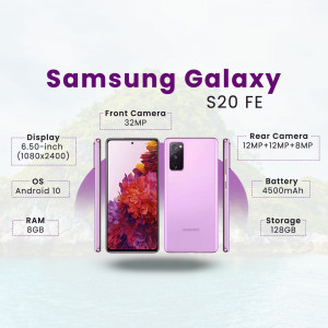 Samsung Galaxy S20 FE smartphone with key specifications highlighted