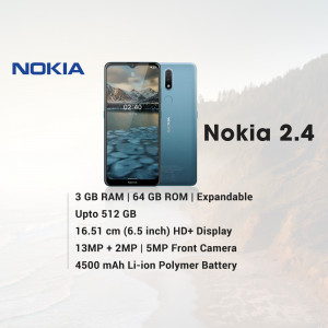 Nokia 2.4 smartphone with key specifications displayed