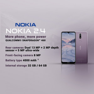 Nokia 2.4 smartphone with specifications displayed