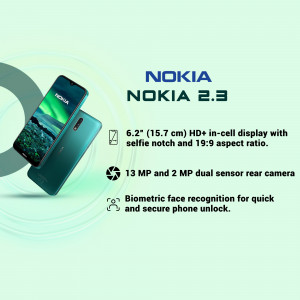 Nokia 2.3 smartphone with key features highlighted