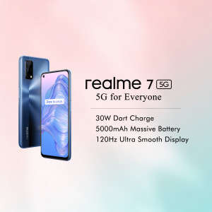 Realme 7 5G smartphone with blue and silver gradient back, showcasing its features.