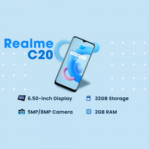 Realme C20 smartphone with key specifications displayed