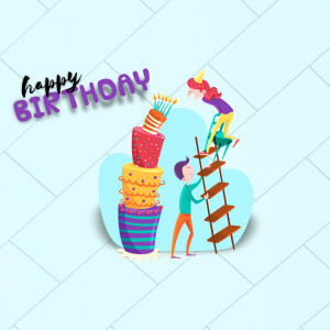 Illustration of a boy and girl decorating a large birthday cake with candles.