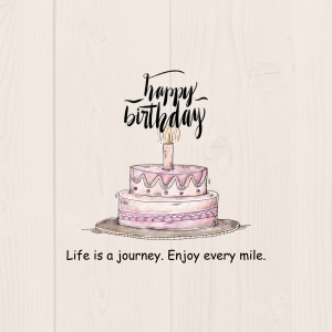 Watercolor illustration of a pink birthday cake with a lit candle and the text 'Happy Birthday'