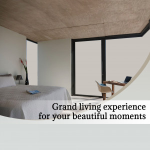 A bright, minimalist bedroom with a large window and wooden ceiling.