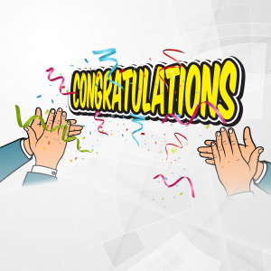 Hands clapping with confetti and a 'Congratulations' banner