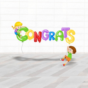 Two children holding balloons spelling out 'CONGRATS'