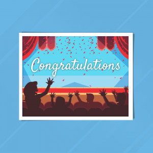 Illustration of a woman taking a bow on stage with an applauding audience and confetti falling.