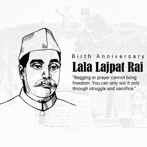 Black and white portrait of Lala Lajpat Rai with text commemorating his birth anniversary.