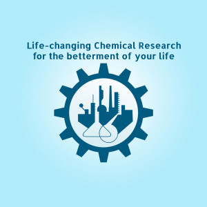 Image depicting chemical research and industrial processes with a gear icon.