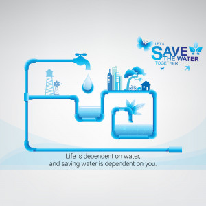 Illustration of water pipes flowing into a cityscape with a butterfly, promoting water conservation.