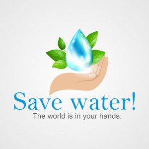 A hand holding a water droplet with green leaves, promoting water conservation.