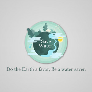 Illustration of a globe with trees and water droplets, promoting water conservation.