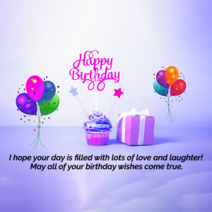 Happy Birthday image with balloons, cupcake, and gift