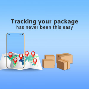 Smartphone displaying a map with package tracking pins and cardboard boxes.