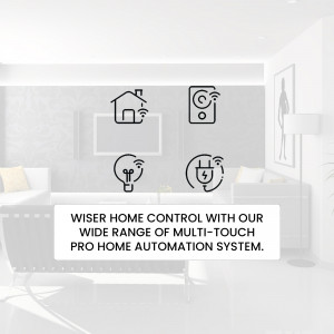 Image of a modern living room showcasing smart home control icons and a promotional banner.