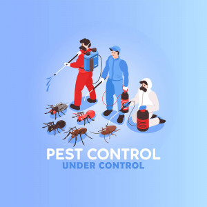 Isometric illustration of pest control workers spraying and dealing with insects.