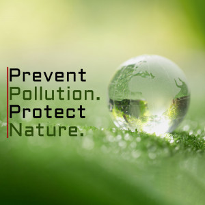 A glass globe containing an image of Earth resting on green grass with water droplets, with the text 'Prevent Pollution. Protect Nature.'