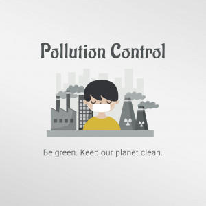 Illustration of a person wearing a mask with factories emitting smoke in the background, representing pollution control.