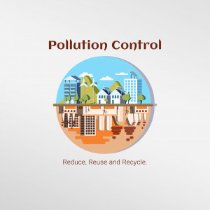 Illustration of a city with pollution control measures and a focus on reduce, reuse, and recycle.