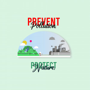 Illustration depicting the importance of preventing pollution and protecting nature with a landscape showing a contrast between a green hill and an industrial area.