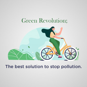 Illustration of a woman riding a yellow bicycle with green foliage in the background, promoting eco-friendly transportation.