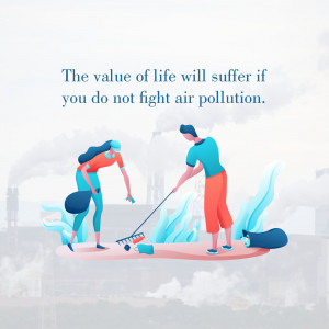Illustration of people cleaning up trash with factories emitting smoke in the background, emphasizing the impact of air pollution.