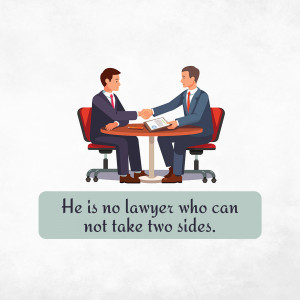 Two lawyers shaking hands across a table, discussing a case.