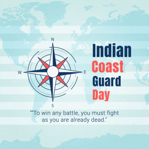 Image commemorating Indian Coast Guard Day with a compass and world map.
