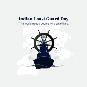 Indian Coast Guard Day graphic with ship's wheel and vessel
