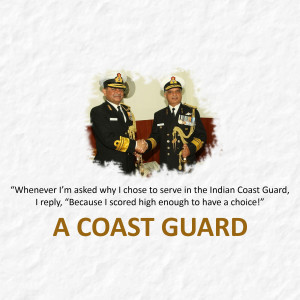 Two Indian Coast Guard officers in uniform shaking hands with a quote about service.