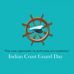 Image depicting a ship's wheel with a white cap and text celebrating Indian Coast Guard Day.