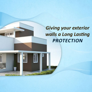 Modern house with text promoting long-lasting exterior wall protection.