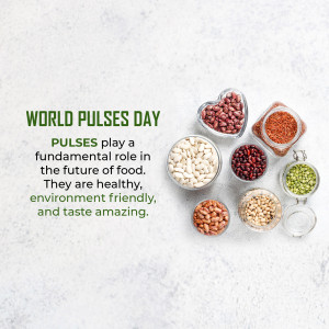 Assortment of pulses in glass bowls with text 'World Pulses Day'