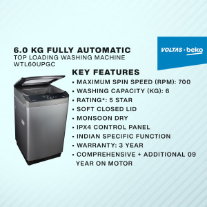 Voltas Beko WTL60UPGC 6.0 KG Fully Automatic Washing Machine - Silver