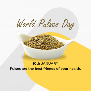 A white bowl filled with mixed pulses on a yellow and grey background with text celebrating World Pulses Day.