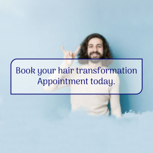 Man with long hair promoting hair transformation appointments