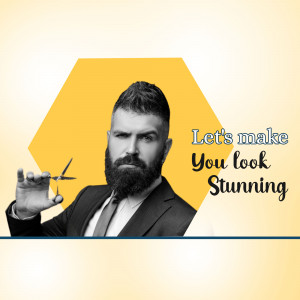 Man with beard and scissors, barber shop promotion