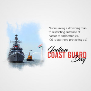 Image depicting Indian Coast Guard ships and personnel with a celebratory message.