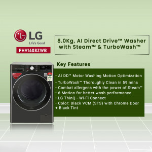 LG FHV1408ZWB Washing Machine - Front view with key features highlighted