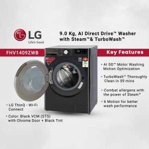 LG FHV1409ZWB washing machine with open door and key features listed