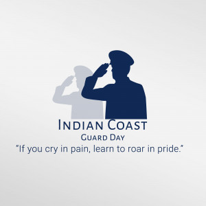 Silhouette of a Coast Guard officer saluting with the text 'Indian Coast Guard Day'
