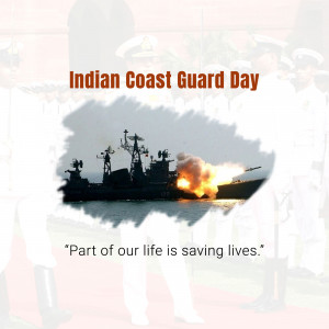 Image commemorating Indian Coast Guard Day with ships and a sunset.